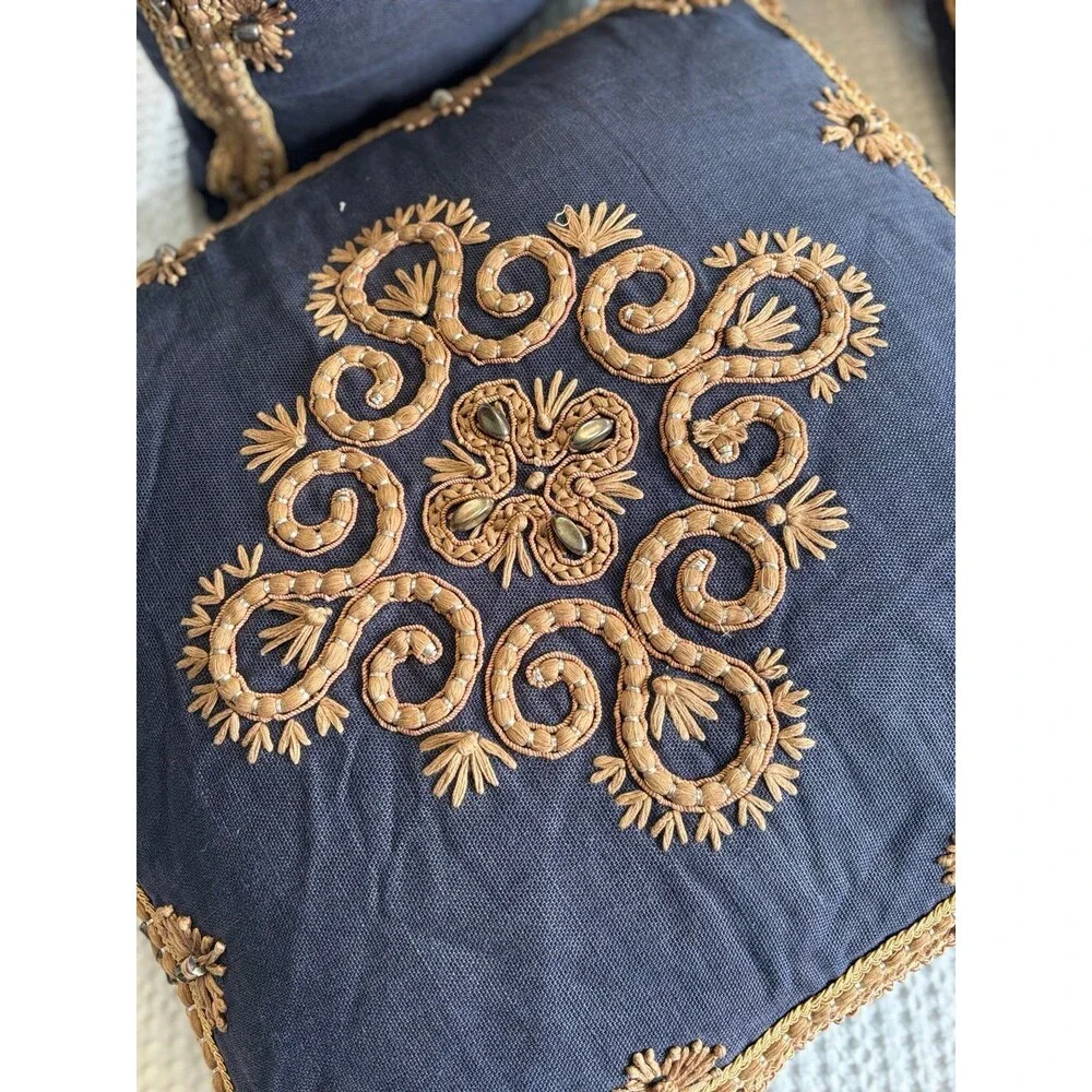 Ankasa Embroidered Navy and Gold Throw Pillows